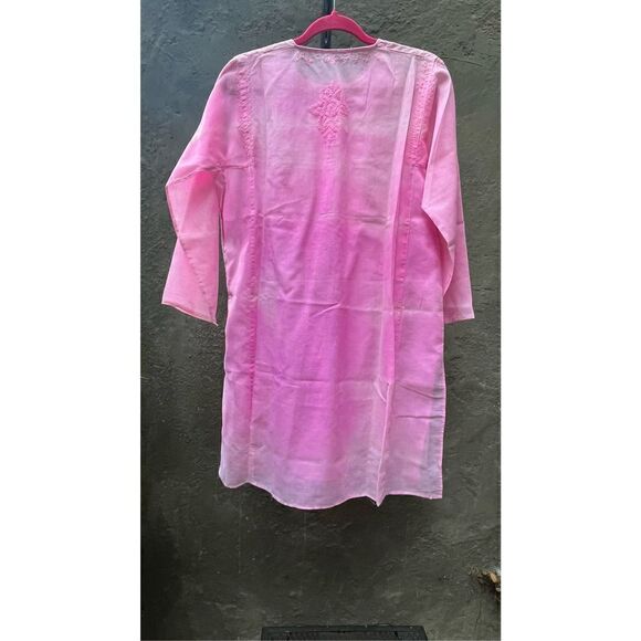 PINK TIE DYE SEMI SHEER COTTON CAFTAN COVERUP EMBROIDERED LONG KURTA TOP L/XL - Picture 14 of 15